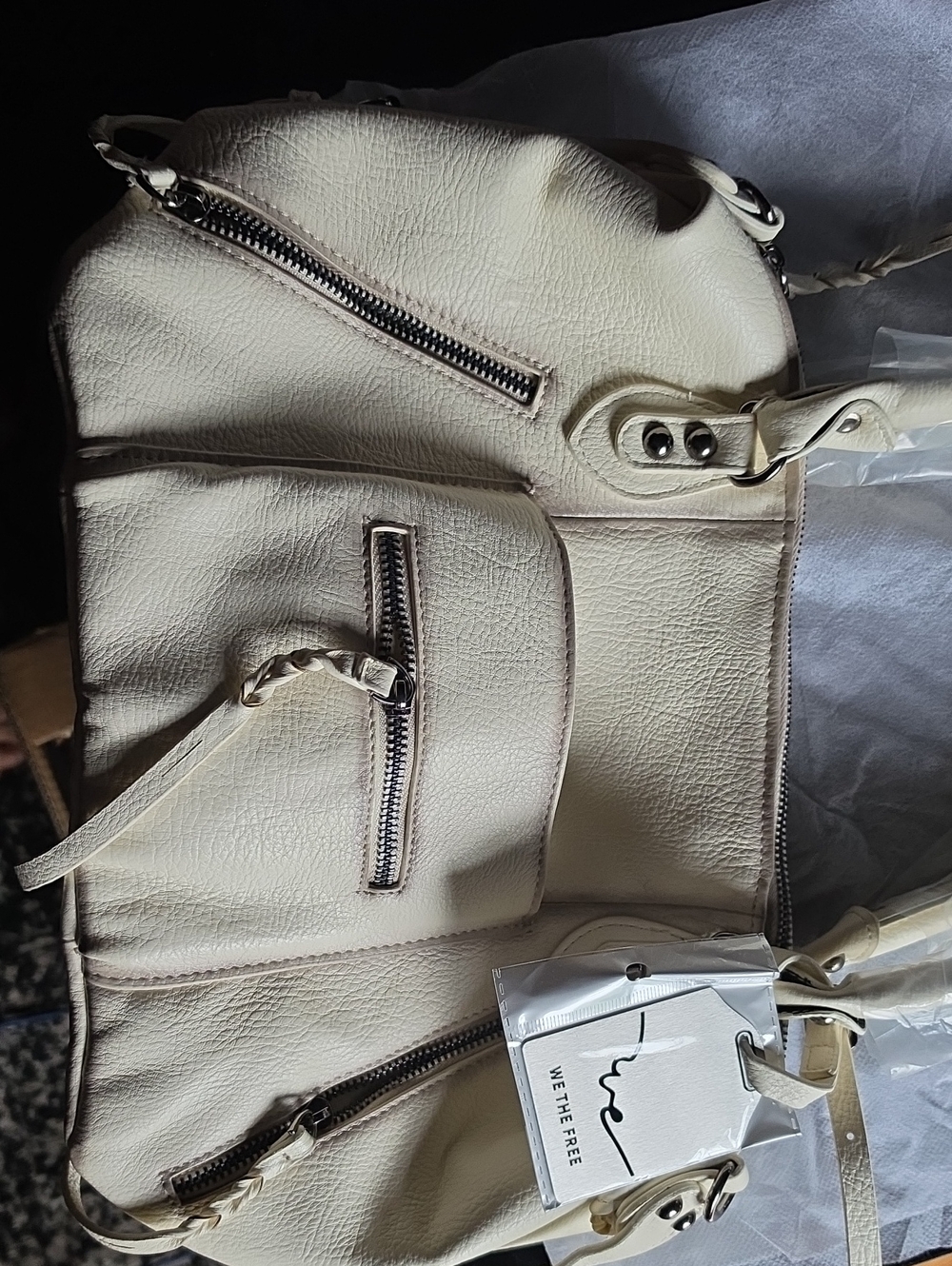 We The Free Cream Faux Leather Women's Shoulder Bag with Front Zipper Pockets